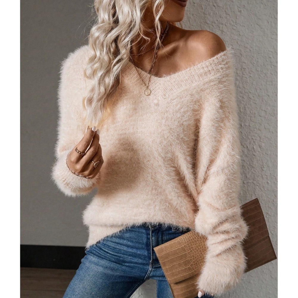 Beige Fuzzy Fluffy V-Neck Pullover Knit Sweater Long Sleeve